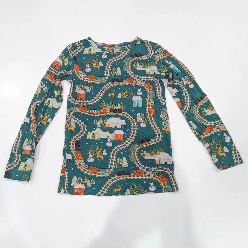 Posh Peanut Wyatt Holiday Train Green Holiday Winter Long John Pajamas Kids 7